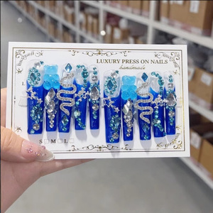 10 Uñas Postizas Largas Hechas a Mano, Diseño Cuadrado Estilo Serpiente, Diseño 3D Plateado, Uñas Artificiales de Presión - Product Image 3