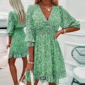 Vestido Midi Bohemio Casual con Estampado Floral, Cuello en V, Manga Larga Abullonada y Corte en A para Mujer, Tallas Grandes, Dropshipping Shopify - Product Image 2