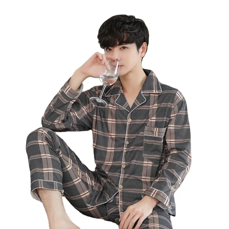 Spring and Autumn long sleeve pajamas men's autumn suit men's cardigan middle-aged and elderly knitted cotton sleepwear set