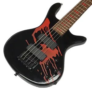 Black 5-String Electric Bass Guitar Solid Wood Mahogany With Blood-Body Painting Fast Free Shipping