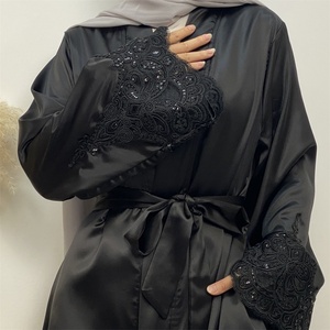 1977# Thick Satin New Front Open <b>Abaya</b> With Side Pockets Women Black Crown Fashion Lace Abayas Cardigan Eid 2023 - Product Image 4