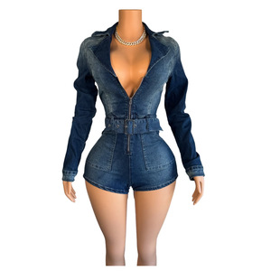 Viviblook Z529RP01 filles barboteuse moulante 2025 nouvelles femmes fermeture éclair couleur unie épissage élastique Denim à lacets une pièce barboteuse - Product Image 4