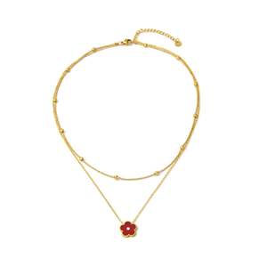 Collier superposé en acier inoxydable 316L plaqué or PVD avec pendentif fleur rouge, bijoux tendance - Product Image 1