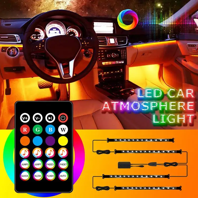 Luzes interiores do carro Piso Atmosfera Brilho Luzes de néon Music Car LED Strip Lights Decorativas Luces de tiro LED de coche
