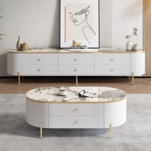Set di Lusso con Porta TV e Tavolino in Legno con Top in Marmo, Stile Moderno di Alta Gamma per Soggiorno, Design Sospeso Colore Beige - Product Image 5