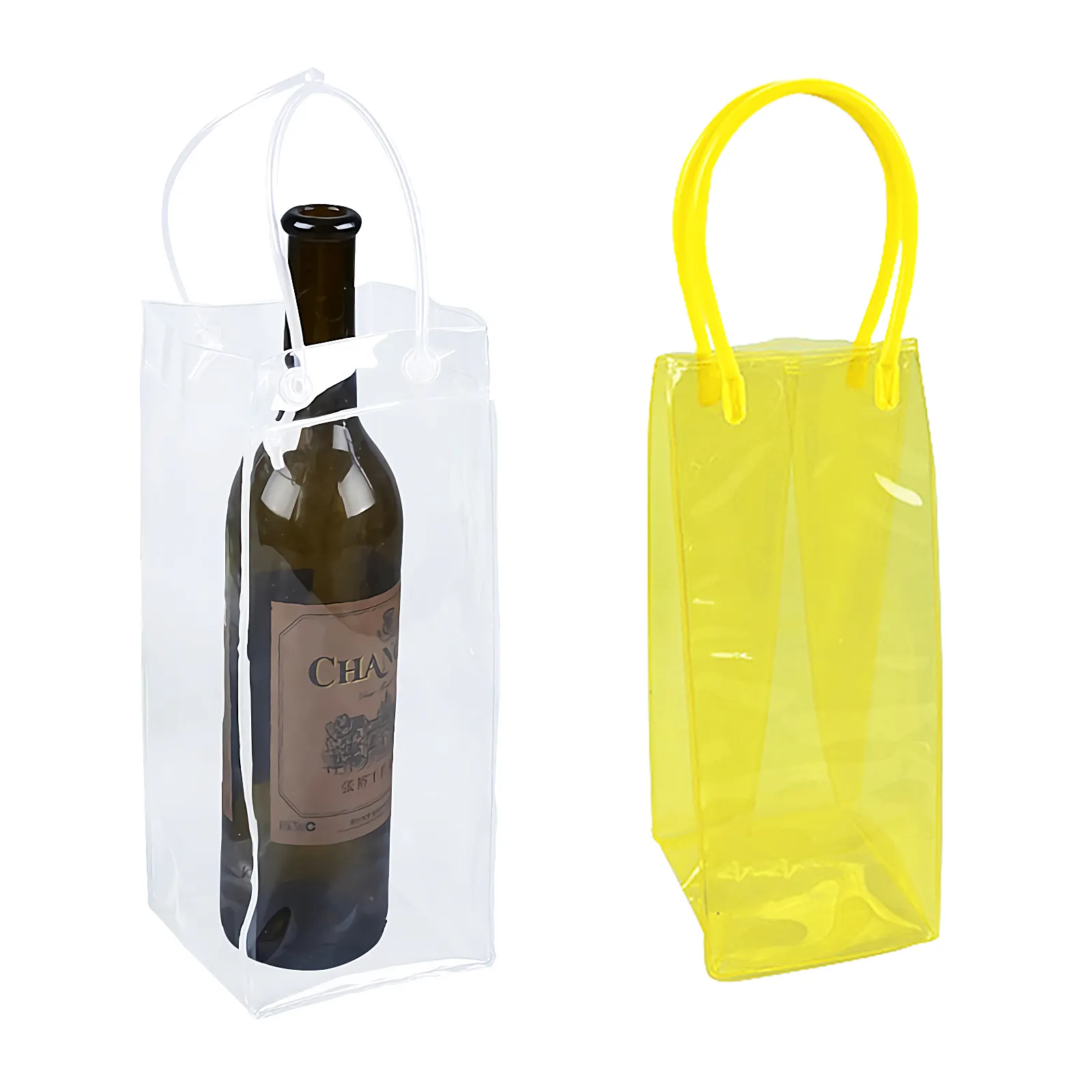 Kantong plastik PVC bening kemasan botol anggur hadiah transparan berdiri sampanye pegangan Loop daur ulang kustom