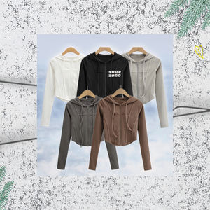 Sweat à capuche court tendance en spandex/coton respirant, nouveau, à manches longues, avec logo brodé personnalisé, fermeture éclair, motif arête de poisson - Product Image 3