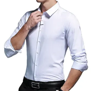 男性用メンズドレスシャツスリムフィットフレックスカラーストレッチソリッドシャツ