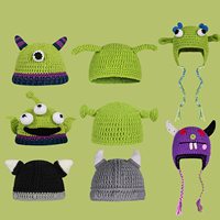 Chapeau en crochet fait main, petit monstre diable, dessin animé mignon et drôle, tricoté, vert