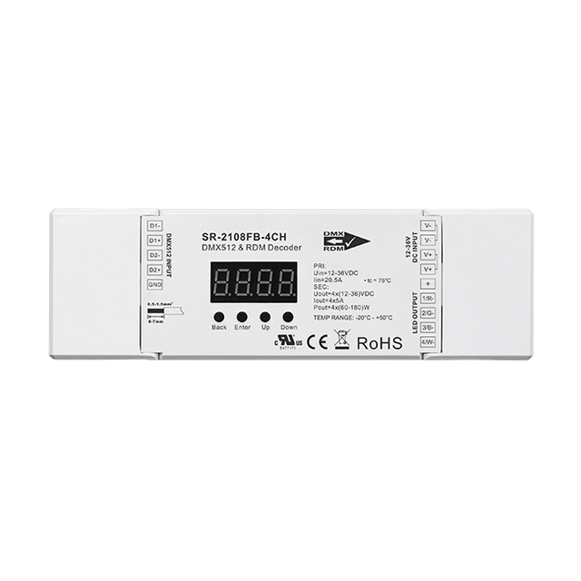 Sunricher 4CH RDM Enabled DMX512 Decoder 720W 16 Bits Dimming Curve Gamma 0.1~9.9 500HZ ~ 35K HZ Settable SR-2108FB-4CH