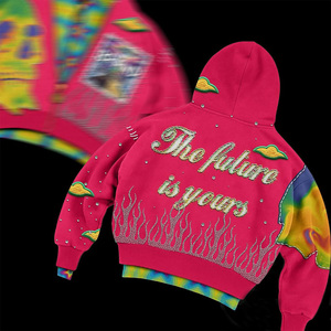 Heavyweight in đầy đủ Áo nỉ đau khổ thêu các bản vá lỗi đinh tán thạch tùy chỉnh hai lớp zip up hoodie người đàn ông - Product Image 5