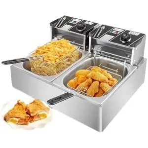 Çift tanklar ticari paslanmaz çelik tavuk fritöz makine 2500W elektrik 10L + 10L fritöz makine