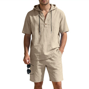 <span class=keywords><strong>Ensemble</strong></span> d'été en lin style américain pour <span class=keywords><strong>homme</strong></span> - <span class=keywords><strong>Chemise</strong></span> décontractée à capuche à manches courtes <span class=keywords><strong>et</strong></span> <span class=keywords><strong>short</strong></span> de plage personnalisable - Product Image 4