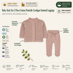 Conjunto de Regreso a Casa para Recién Nacido, Cárdigan de Punto de Algodón con Detalle Pointelle, Leggings con Puntera, Conjunto de Ropa de Bebé con Borde Festoneado, Color Malva, Boutique, Personalizado, OEM - Product Image 1