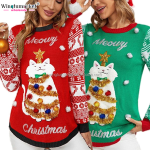 Wholesale Christmas <strong>Cat</strong> Meowy <strong>Jumper</strong> Crewneck Long Sleeve Pullover Decoration Ugly Jacquard Ribbed Sequin Knitted <strong>Women</strong> Sweaters - Product Image 1