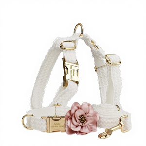 Custom <b>White</b> <b>Lace</b> Personalized Fancy Solid Wedding Collar Flower Padded Leash Roman Nylon Dog Harness for Small/Medium/Large - Product Image 1