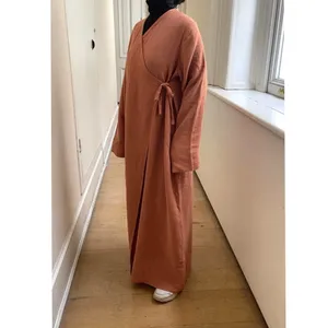 Fabricants de vêtements personnalisé modeste kimono lin abaya femmes robe musulmane