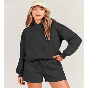Conjunto de 2 Piezas para Mujer, Sudadera con Capucha y Pantalones Cortos Negros, Corte Holgado Informal, Felpa, Color Sólido, Uso Diario, Primavera/Verano - Product Image 4