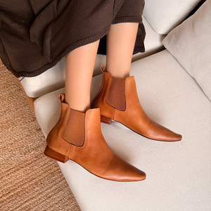3119-08 Nouvelles bottes en cuir véritable pour femmes, automne/hiver, à talon bas, bout pointu, avec petit talon épais - Product Image 3