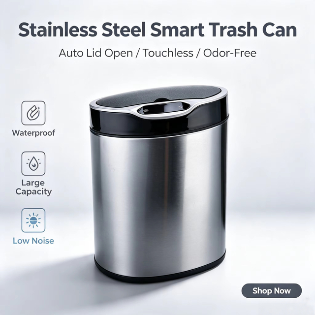 ELPHECO  Stainless Steel Waterproof Smart Sensor Trash Can Touchless Automatic Waste Bin Motion Sensor Garbage Can for Home Kitc