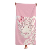 Serviette de plage grande taille en microfibre à séchage rapide, imprimée sur mesure, motif léopard blanc sur fond rose et fleur d'hibiscus, idéale pour les voyages d'été