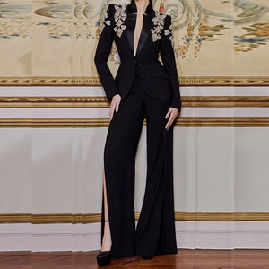Ensemble Blazer et <span class=keywords><strong>Pantalon</strong></span> Large Femme Luxe Perles Bodycon, Veste Bouton Unique et <span class=keywords><strong>Pantalon</strong></span> Fendu - Product Image 1