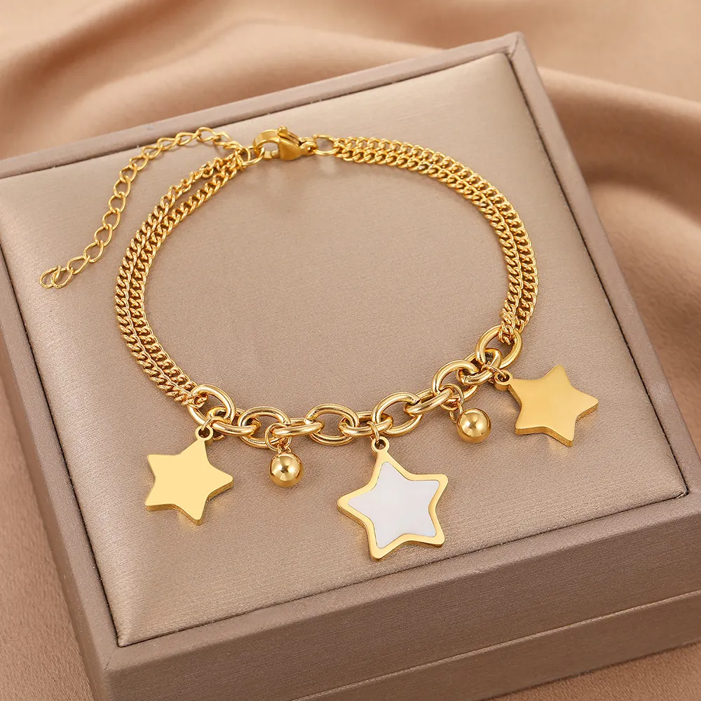 Stainless Steel Bracelets Kpop Sweet Stars Shell Pendants Bell Elegance Chain New Design Fashion Bracelet For Women Jewelry New