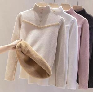 <span class=keywords><strong>Pull</strong></span> de base en tricot chaud à <span class=keywords><strong>manches</strong></span> longues automne/hiver pour femmes <span class=keywords><strong>avec</strong></span> velours ajouté et haut <span class=keywords><strong>pull</strong></span> en velours à col haut épaissi - Product Image 1