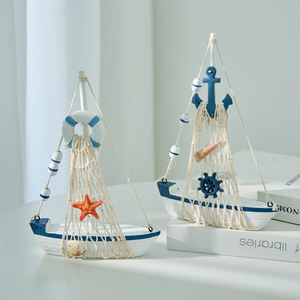 โมเดลเรือใบเมดิเตอร์เรเนียน ของตกแต่งสีน้ำเงินขาว ดีไซน์เชือกไม้ ของตกแต่งห้องนั่งเล่น แพ็คเกจหลายชิ้น - Product Image 2