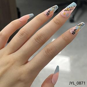 <span class=keywords><strong>Uñas</strong></span> postizas al por mayor, largas, estilo ataúd, con arte de hojas botánicas, lámina dorada, rosa nude, <span class=keywords><strong>uñas</strong></span> artificiales, logotipo personalizado, reutilizables - Product Image 1