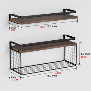 Floating <b>Wall</b> <b>Mounted</b> <b>Shelf</b> Wooden 40cm 2 Tier With Wire Basket For Kitchen Bathroom Living Room Storage - Product Image 1