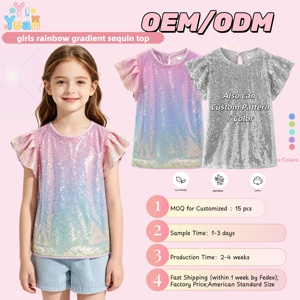 Chemisier Enfant Personnalisé à Paillettes Dégradées Arc-en-ciel, Manches Courtes Volantées, Col Rond, Bouton au Dos, Décolleté Clé, Costume de Fête pour Filles, OEM - Product Image 1