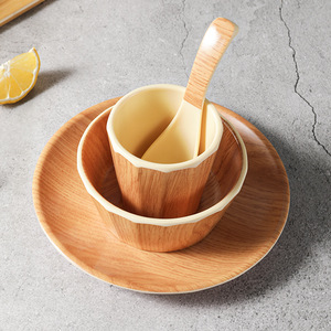 Melamine Tableware <b>Set</b> Wood Grain Bowl Plate <b>Cup</b> Spoon <b>Set</b> For Daily Use Hotel Coffee Tea Serving - Product Image 2
