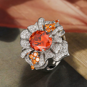 Ensemble de bijoux en pierre précieuse orange flamme et cuir, laiton plaqué platine, bracelet et bague pour femmes, luxe - Product Image 6
