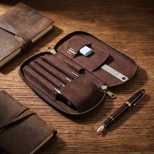 Étui à stylos vintage en cuir Crazy Horse, lot de 4, fait main, multifonctionnel, avec fermeture éclair, en cuir véritable, boîte à papeterie pour étudiants - Product Image 4