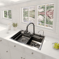 Luxe 304 En Acier Inoxydable Simple Bol Évier De Cuisine Moderne Cascade Pluie Conception Multifonctionnel Ensemble en Noir Fabriqué en Chine