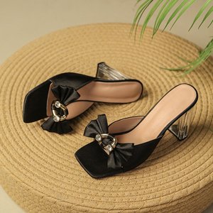 617 Summer Banquet New Crystal Heel square Bow High Heels, One-piece Sandals, Versatile Women's Shoes <b>for</b> Wearing Outside - Product Image 5