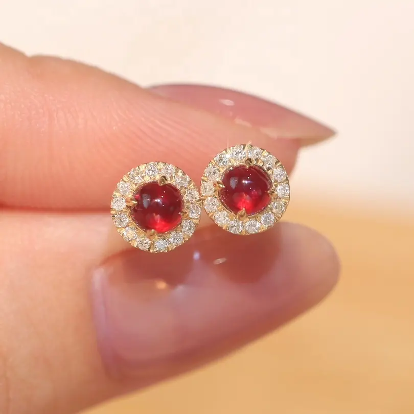 Xinfly anting kancing Rubi alami bingkai Halo berlian Cluster bulat emas 18K