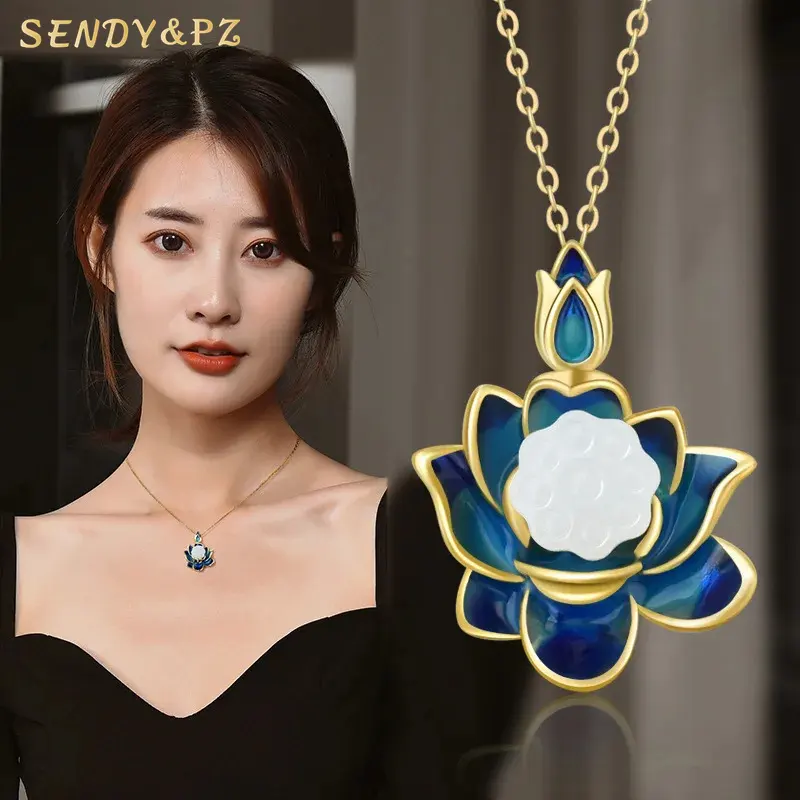 New Arrival Retro Chinese Style Jewelry Titanium Steel Necklace Hetian White Jade Enamel Blue Lotus Elegant Pendant Necklace