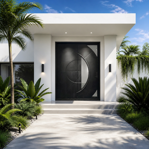 Porta Pivotante Moderna Personalizzata in Acciaio Nero Opaco a Tutta Altezza con Intagli in Vetro Geometrici e Maniglia a C per Case di Lusso - Product Image 3