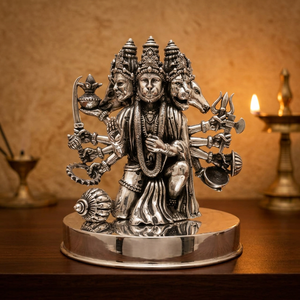 Statue de Hanuman à cinq têtes et dix bras, finition argentée, en métal, pour temple religieux, statues de dieux en argent pur - Product Image 2