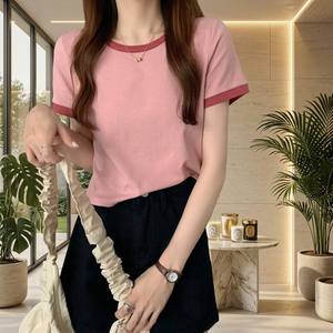Camiseta de cuello redondo para <span class=keywords><strong>mujer</strong></span> 2026 con contraste de color - Top corto de verano de corte ajustado, estilo coreano de moda, manga corta, capa base, ¡Gran oferta! - Product Image 1