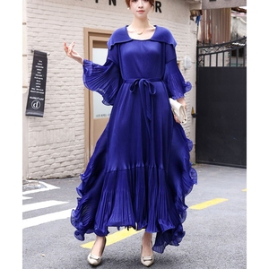 Rộng cộng với kích thước Xếp Li Ruffle cạnh ve áo Xếp Li Dài váy trumpet tay áo rộng thông gỗ Tai Tie Ăn mặc - Product Image 4