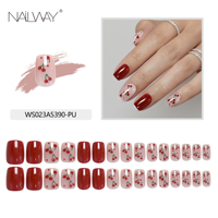 Naiwlay 30 pièces 15 tailles Faux ongles courts carrés de couleur rouge brillant à motif cerise, faux ongles en gel, ongles artificiels