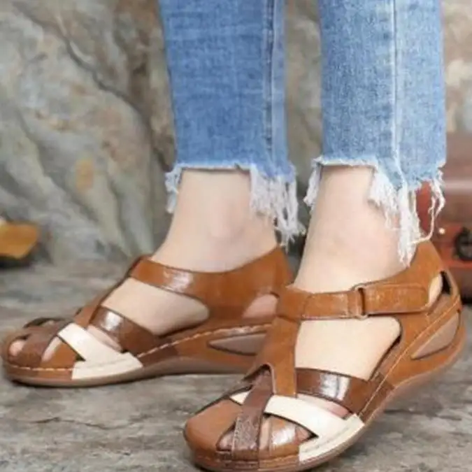 Summer new European and American retro round head wedge women's Roman shoes cross buckle women's sandals