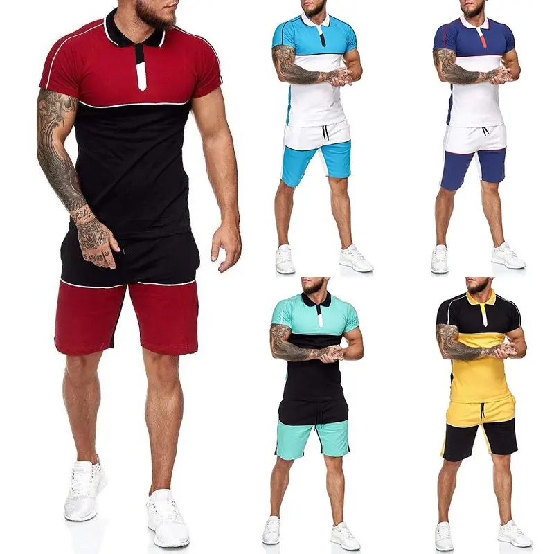 2021 New 6xl Men's Summer Stitching Short-Sleeved Shorts Suit Sports Leisure Suit Man Two Piece Pants Set