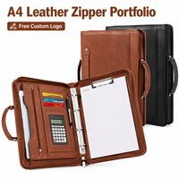 Porte-documents A4 en cuir avec fermeture éclair et poignée, classeur à 4 anneaux, calculatrice, sac à documents professionnel en cuir PU ciré de qualité supérieure, avec logo personnalisé