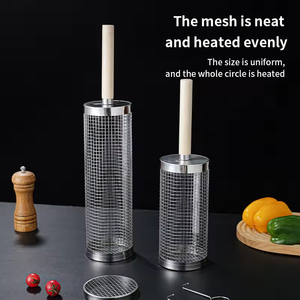 Camping Portable 304 Stainless Steel Wooden Handle Barbecue Cylinder <b>Grill</b> Basket Outdoor BBQ <b>Mesh</b> Basket Rolling <b>Grill</b> Cage - Product Image 4