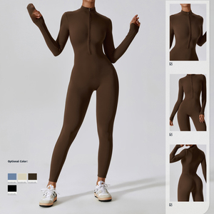 <span class=keywords><strong>Combinaison</strong></span> de sport décontractée pour femme à manches longues en nylon et élasthanne, avec fermeture éclair frontale, pour le yoga et la gym, noire, style brésilien - Product Image 3