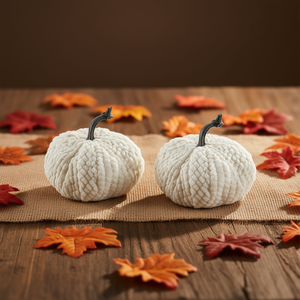 Decorazioni in ciniglia a forma di zucca, 8,7x8,5x6,7 pollici, bianche, set da 2, per decorazioni autunnali, del Ringraziamento e del raccolto. - Product Image 2